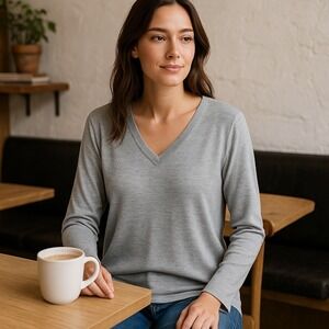 Ellos Women's Size 12-14 Gray V-Neck Long Sleeve Lightweight Sweater Minimalist